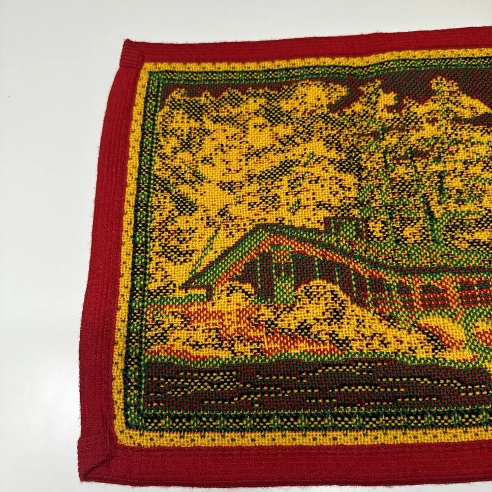 2 Vtg Cross Stitch Placemat Red Yellow Green House Trees Bushes Decor